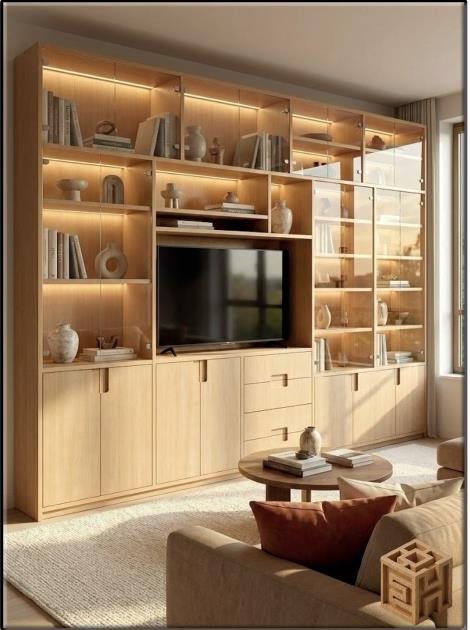 Home theater planejado com estante iluminada e painel de TV